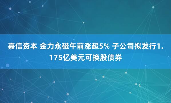 嘉信资本 金力永磁午前涨超5% 子公司拟发行1.175亿美元可换股债券